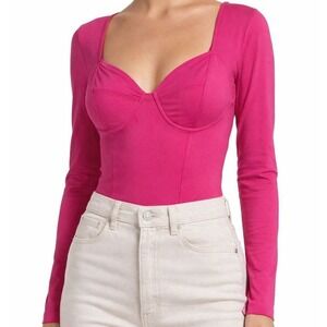 Qinsen Hot Pink Long Sleeve Bodysuit Bustier Corset Style Stretchy Clubwear Sm